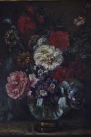 Mignon, Lucien. Vaso con flores, óleo sobre tabla firmado, marco con averías. Mide: 41 x 33 cm.