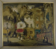 Jarry, G. Calle de Barrio con personajes, óleo, firmado. Mide: 52 x 62 cm.