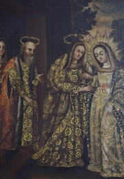 La Virgen y S. José con Santa Ana y S. Joaquín, Oleo sobre tela reentelado. Mide: 80 x 102 cm. Alto Perú, Bolivia.