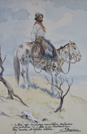 Marenco, Eleodoro. Gaucho a caballo sobre una loma, acuarela. Mide: 30 x 23 cm. Colección Normando Carlos Seeber.