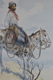 Marenco, Eleodoro. Gaucho a caballo sobre una loma, acuarela. Mide: 30 x 23 cm. Colección Normando Carlos Seeber.