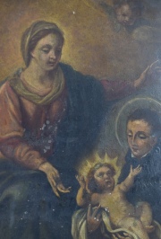 San Antonio con el Niño y la Virgen, óleo sobre cobre, saltaduras. Mide: 22 x 17 cm.