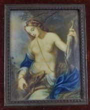 Diana cazadora, miniatura firmada Wells. Desperfectos en marco Mide: 8 x 6 cm.