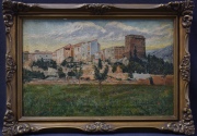 Blanco Coris, José. Paisaje con Vista de Pueblo, óleo. Mide: 30 x 46 cm.