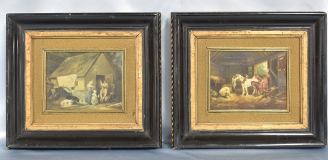 Interior y Exterior de establo, dos óleos de M. Montaner. Miden: 16 x 21 cm.