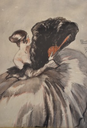JAME FABRIOL DAMER 1919. Mujer con abanico, acuarela y lápiz. Mide: 42 x 32 cm.