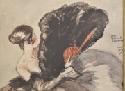 JAME FABRIOL DAMER 1919. Mujer con abanico, acuarela y lápiz. Mide: 42 x 32 cm.