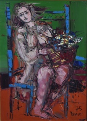Bruno Venier. Mujer con canasto, óleo. Mide: 70 x 50 cm.