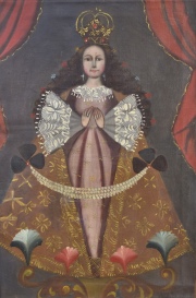 Virgen Coronada, Arte Popular, óleo. Mide. 75 x 60 cm. restauro, sin enmarcar.