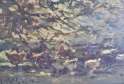 Jacques Witjens Stephan, Gallinas bajo el árbol, óleo sobre madera. Mide: 15 x 20 cm.