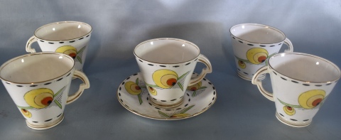 Sies tazas de porcelana Standard china, Art Deco. 2 con fisuras.