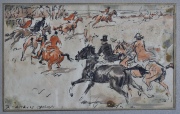 Siete acuarelas de Enrique Castells Capurro. Escenas de Caballos, de cacería y de polo. La de mayor tamaño mide: 20 x 27