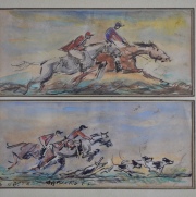 Siete acuarelas de Enrique Castells Capurro. Escenas de Caballos, de cacería y de polo. La de mayor tamaño mide: 20 x 27