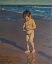 Benito Rebolledo Correa, Gathering shells on the beach, con dedicatoria y firma. Se agrega catalogo de Sotheby´s.