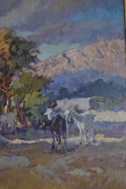 Frank Tenney Johnson. Esc. Norteamericana 1874-1939. Paisaje con cabras, óleo, restauro. Mide: 70 x 90 cm.