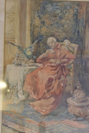 Obispo tomando el té, acuarela V. de Paredes.   Mide 38 x 25 cm.