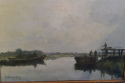 Witjens Stephan, Jacques. Paisaje Fluvial con personajes, óleo de 54 x 65 cm.