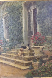 Verdier, J.L. Perros custodiando una casa con flores, óleo de 82 x 65 cm.