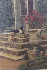 Verdier, J.L. Perros custodiando una casa con flores, óleo de 82 x 65 cm.